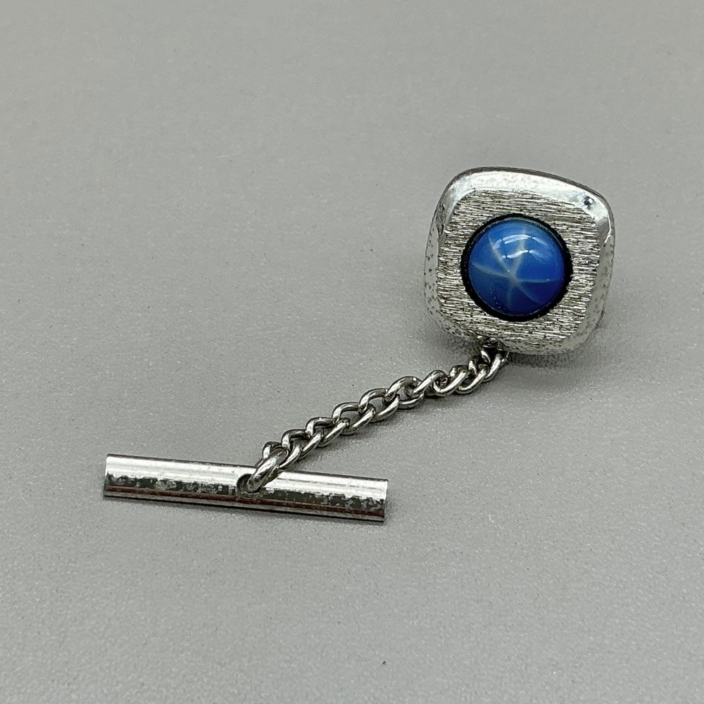 Sarah Coventry Tie Tack Blue Star Glass Cabochon Silver Tone Vintage Chain Pin